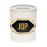 Spaarpot met voornaam Jop - wit - goud/zwart embleem - 8 x 9 cm - keramiek - afsluitdop