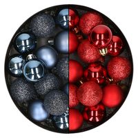 28x stuks kleine kunststof kerstballen donkerblauw en bordeaux rood 3 cm - thumbnail