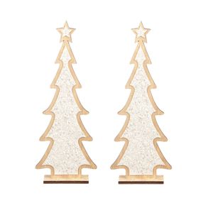 2x stuks kerstdecoratie houten kerstboom glitter wit 35,5 cm