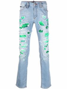 Philipp Plein jean slim à motif baroque - Bleu