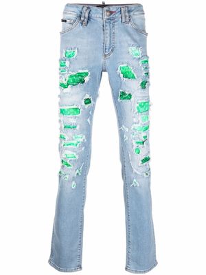 Philipp Plein jean slim à motif baroque - Bleu