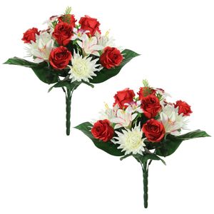 Kunstbloemen boeket roos/orchidee/chrysant - 2x stuks - rood/wit - H36 cm - Bloemstuk - Bladgroen