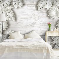 Zelfklevend fotobehang - Houten planken met witte bloemen, Premium print - thumbnail