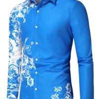 Bon&Bon LEGND Men's Yellow Floral Print Long Sleeve Casual Shirt Blue / XXL