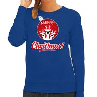 Rendier Kerstbal sweater / Kerst outfit Merry Christmas blauw voor dames - thumbnail