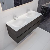 Mondiaz Vica Moon badmeubel eiken donker bruin 120 cm 4 lades solid surface dubbele spoelbak 2 kraangaten Mondiaz Vica Moon badmeubel eiken donker bruin 120 cm 4 lades solid surface dubbele spoelbak 2 kraangaten