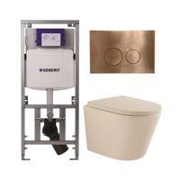 QeramiQ Dely Toiletset - 36.3x51.7cm - diepspoel - rimless - Geberit UP320 inbouwreservoir - softclose toilet zitting 35 mm - koperen bedieningsplaat - ronde knoppen - mat beige SW1000764/SW1000771/0701131/SW706196