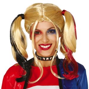 Halloween verkleedpruik lang haar met staartjes - zwart/blond/rood - dames   -