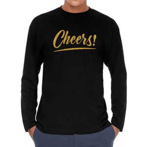 Cheers goud tekst longsleeve zwart heren - Oud en Nieuw / Glitter en Glamour goud party kleding shir