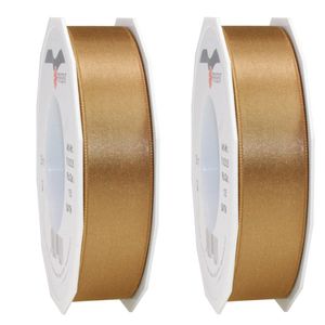 2x Luxe bronzen satijnen lint rollen 2,5 cm x 25 meter cadeaulint verpakkingsmateriaal - Cadeaulinten