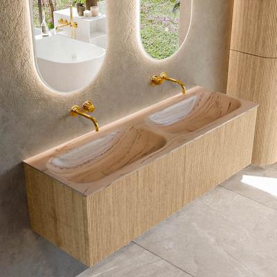 Badmeubel Mondiaz Kurve-Dlux | 140 cm | Meubelkleur Oak | Wastafelkleur Arena | Solid surface | Wasbak beide zijden spoelbak | Zonder kraangat(en)