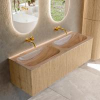 Badmeubel Mondiaz Kurve-Dlux | 140 cm | Meubelkleur Oak | Wastafelkleur Arena | Solid surface | Wasbak beide zijden spoelbak | Zonder kraangat(en)