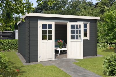 Outdoor Life Amira Blokhut 400x295 cm 28 mm vuren Carbon Grey-Wit gecoat- Lessenaarsdak- - Outdoor Life