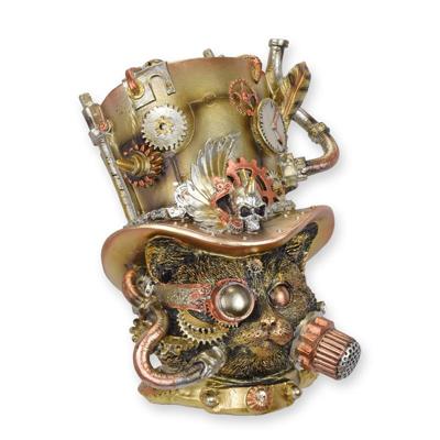 A RESIN STEAMPUNK FIGURINE OF A CAT HEAD