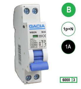 1A GACIA installatieautomaat M80N-B01 1p+n B1 6kA (18mm)