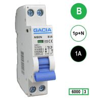 1A GACIA installatieautomaat M80N-B01 1p+n B1 6kA (18mm)