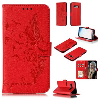 Feather patroon Litchi textuur horizontale Flip lederen draagtas met portemonnee & houder & kaartsleuven voor Galaxy S10 (rood)