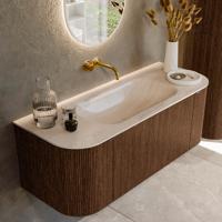 Badmeubel Mondiaz Kurve-Dlux | 120 cm | Meubelkleur Walnut | Wastafelkleur Meli | Solid surface | Wasbak midden spoelbak | Zonder kraangat(en)
