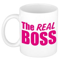 The real boss cadeau mok / beker wit met roze letters 300 ml   - - thumbnail