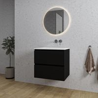 Adema Chaci Badkamermeubelset - 60x46x57cm - 1 keramische wasbak wit - zonder kraangaten - 2 lades - ronde spiegel met verlichting - mat zwart SW1212760/SW773925/SW108325