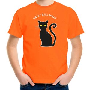 Halloween verkleed t-shirt voor kinderen - zwarte kat - oranje - themafeest outfit