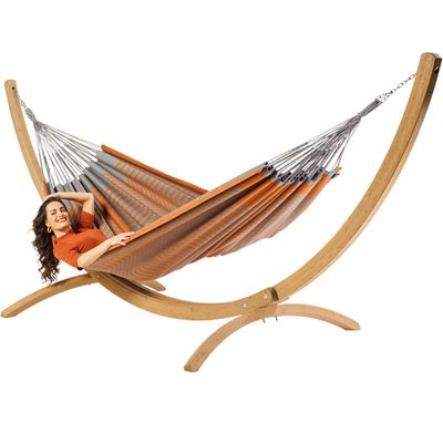 Tweepersoons hangmat met houten standaard - 350x160cm -Groen - 160kg draagkracht- 100% katoen - binnen & buiten