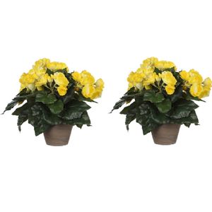 2x stuks gele Begonia kunstplant 30 cm in grijze pot