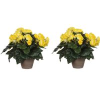 2x stuks gele Begonia kunstplant 30 cm in grijze pot - thumbnail