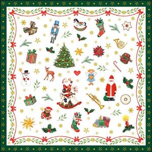 40x stuks kerstdiner/kerst thema servetten met kerstfiguren 33 x 33 cm groen - Feestservetten