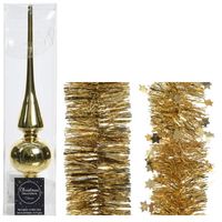 Kerstversiering glazen piek glans 26 cm en folieslingers pakket goud van 3x stuks