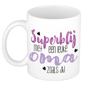 Cadeau koffie/thee mok voor oma - paars - super blij - keramiek - 300 ml