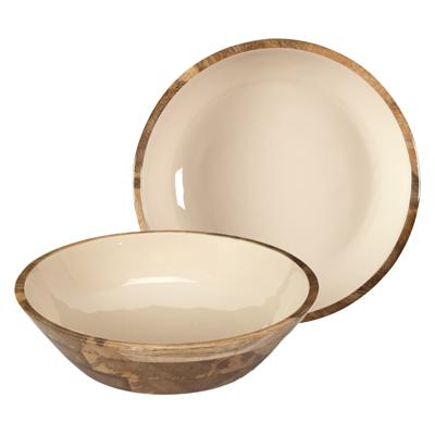 Salade serveer schaal - 2x - Fruitschaal/fruitmand - mango hout - D28 x H7 cm - bruin/beige