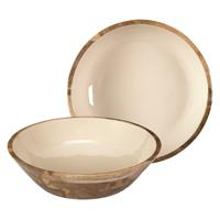 Salade serveer schaal - 2x - Fruitschaal/fruitmand - mango hout - D28 x H7 cm - bruin/beige Salade serveer schaal - 2x - Fruitschaal/fruitmand - mango hout - D28 x H7 cm - bruin/beige