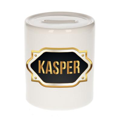 Spaarpot met voornaam Kasper - wit - goud/zwart embleem - 8 x 9 cm - keramiek - afsluitdop