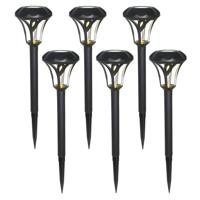 Gerimport Tuinlamp - 6x - solar - LED licht - kunststof - H38 cm - zwart - grondpin