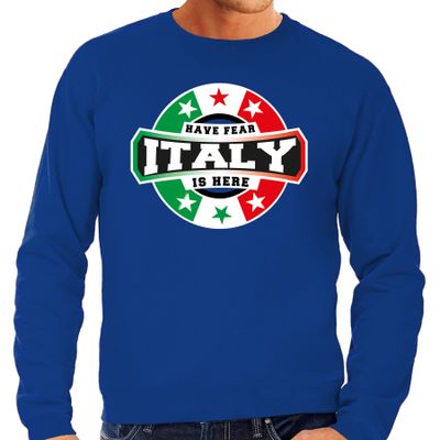 Have fear Italy is here / Italie supporter sweater blauw voor heren Have fear Italy is here / Italie supporter sweater blauw voor heren