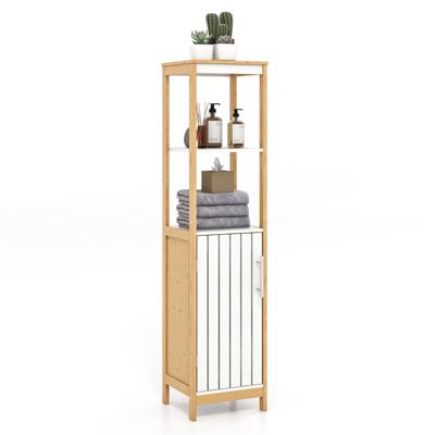129 cm Hoog Vrijstaand Badkamermeubel Smalle Opbergkast met Deur Verstelbare Plank voor Woonkamer Badkamer Toilet Natuurlijk