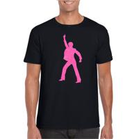 Verkleed T-shirt voor heren - disco - zwart - roze glitter - jaren 70/80 - carnaval/themafeest