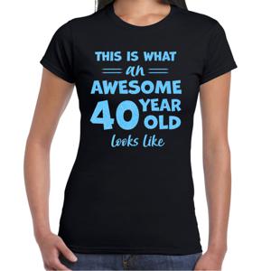 Verkleed T-shirt voor dames - leeftijd 40 jaar - awesome - zwart - glitter blauw - Verjaardagsfeest