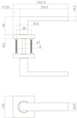 Deurkruk Hera op vierkant rozet 55x55x10mm me