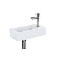 QeramiQ Fuente Fonteinset - 37.5x18.5x9cm - keramiek - kraangat rechts - fonteinkraan gunmetal - afvoerplug - verlaagd sifon - Mat wit SW1122446/SW769487/SW767295/SW696239