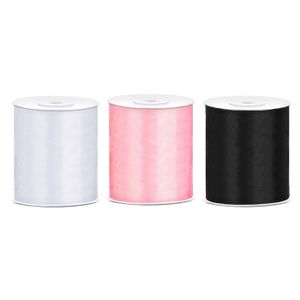 3x rollen hobby decoratie satijnlint zwart-wit-licht roze 10 cm x 25 meter