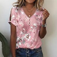 Dames T-shirt Henley-shirt Bloemig nappi Uitknippen Afdrukken Feestdagen Weekend Basic Korte mouw V-hals Blozend Roze Lightinthebox