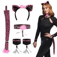 Verkleed set luipaard/panter - oortjes diadeem/staart/banden - roze - dames - Carnavalskleding Verkleed set luipaard/panter - oortjes diadeem/staart/banden - roze - dames - Carnavalskleding