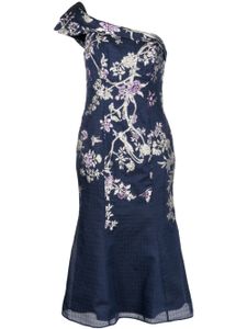 Marchesa Notte robe fleurie en jacquard à une épaule - Bleu