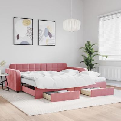Slaapbank met onderschuifbed en lades 100x200 cm fluweel roze