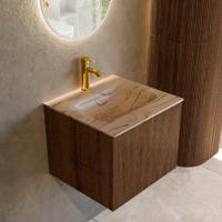 Badmeubel Mondiaz Kurve-Dlux | 50 cm | Meubelkleur Walnut | Wastafelkleur Arena | Solid surface | Wasbak midden spoelbak | 1 kraangat