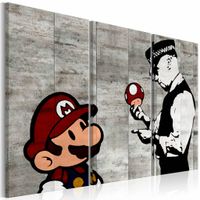 Schilderij - Banksy: Mario Bros ,  grijze muur , 3 luik   ,zwart wit
