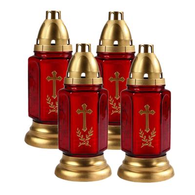 Grafkaars/gedenklicht met deksel - Set van 4x stuks - rood/goud - 11 x 24 cm - 3 dagen brandtijd - G Grafkaars/gedenklicht met deksel - Set van 4x stuks - rood/goud - 11 x 24 cm - 3 dagen brandtijd - G