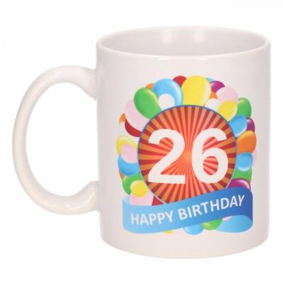 26 jaar Verjaardag koffiemok - cadeau beker - feestelijke ballonnen print - 300 ml - keramiek - wit
